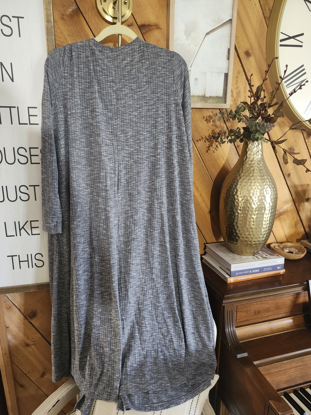 Long Open Front Grey Duster Cardigan Soft And Cozy Ribbed - Picture 3 of 3